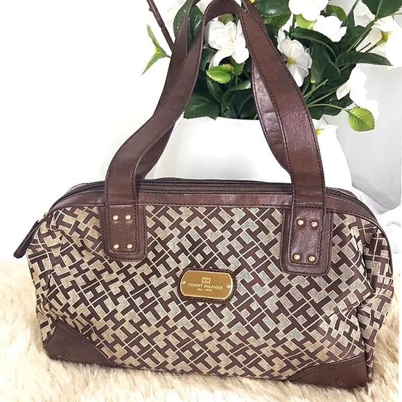VTG 90's Tommy Hilfiger🦋Brown Tommy Monogram Duffel Bag♡Tote Bag - Picture 1 of 7